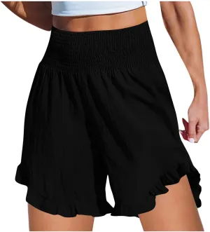 2024 Women's Tummy Control Yoga Shorts Summer Elastic Ruffled High Waist Running Pants Quick Dry Leisure Boho Shorts