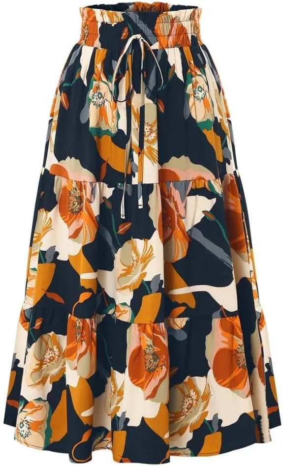 2025 Womens Floral Long Skirt Fashion Casual Flowy Swing Tiered Elastic Waisted Summer Beach Midi Skirt