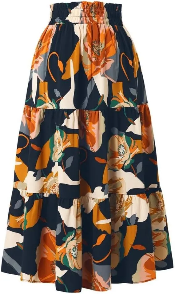 2025 Womens Floral Long Skirt Fashion Casual Flowy Swing Tiered Elastic Waisted Summer Beach Midi Skirt