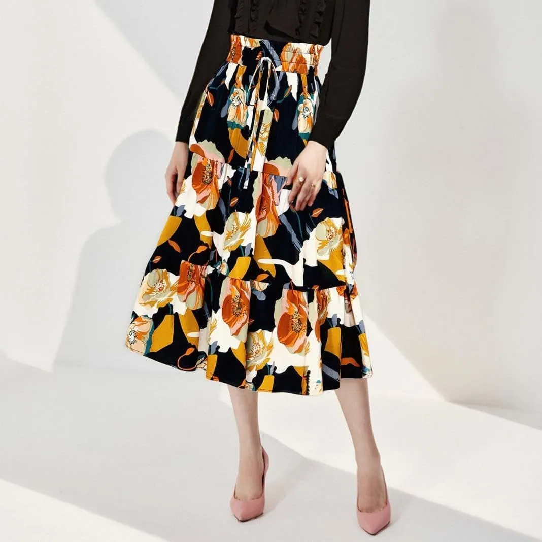 2025 Womens Floral Long Skirt Fashion Casual Flowy Swing Tiered Elastic Waisted Summer Beach Midi Skirt