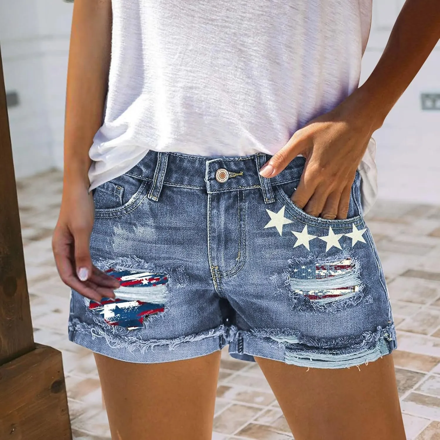 4th of July Shorts for Women American Flag Printed Denim Shorts High Waisted American Flag Womens Shorts