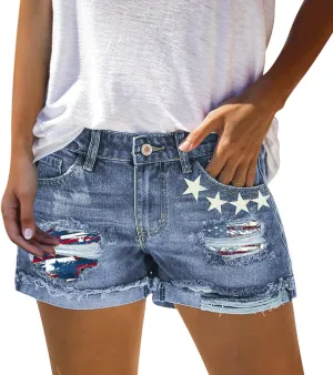4th of July Shorts for Women American Flag Printed Denim Shorts High Waisted American Flag Womens Shorts