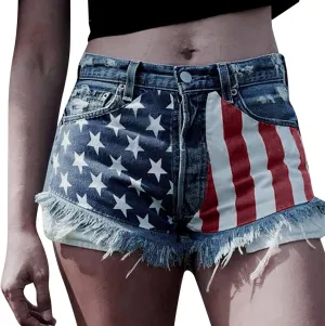 4th of July Shorts for Women American Flag Printed Denim Shorts High Waisted American Flag Womens Shorts