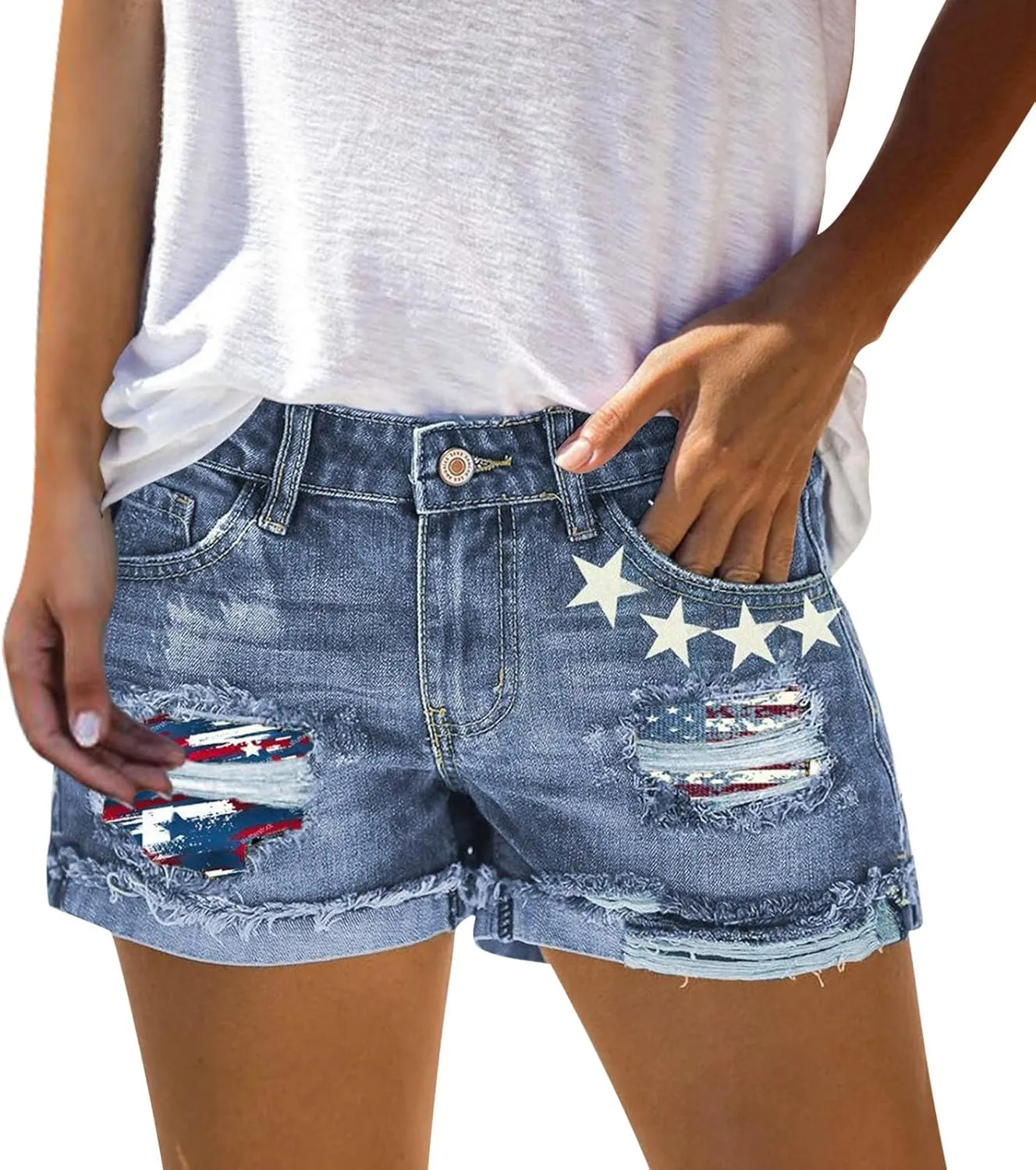 4th of July Shorts for Women American Flag Printed Denim Shorts High Waisted American Flag Womens Shorts