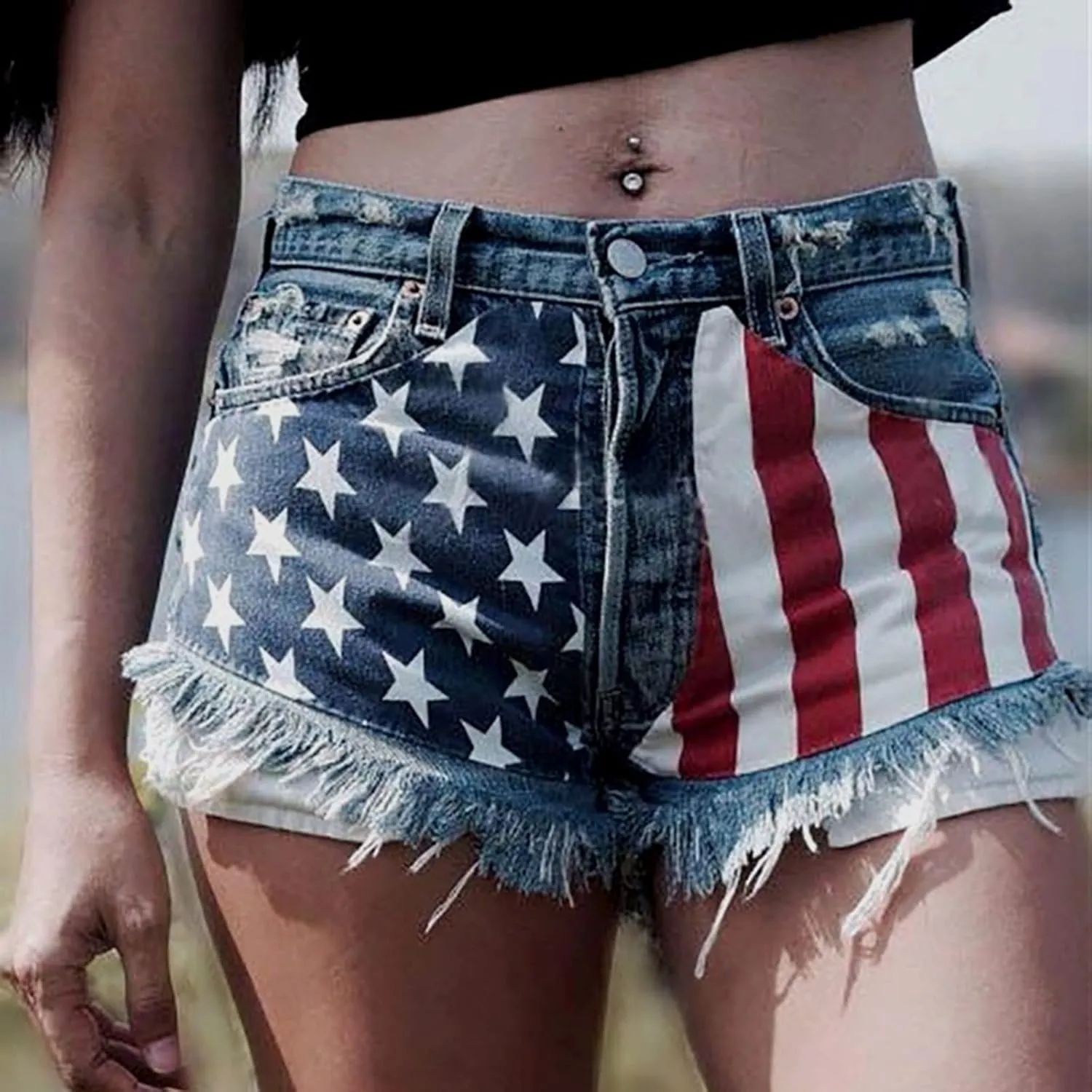 4th of July Shorts for Women American Flag Printed Denim Shorts High Waisted American Flag Womens Shorts