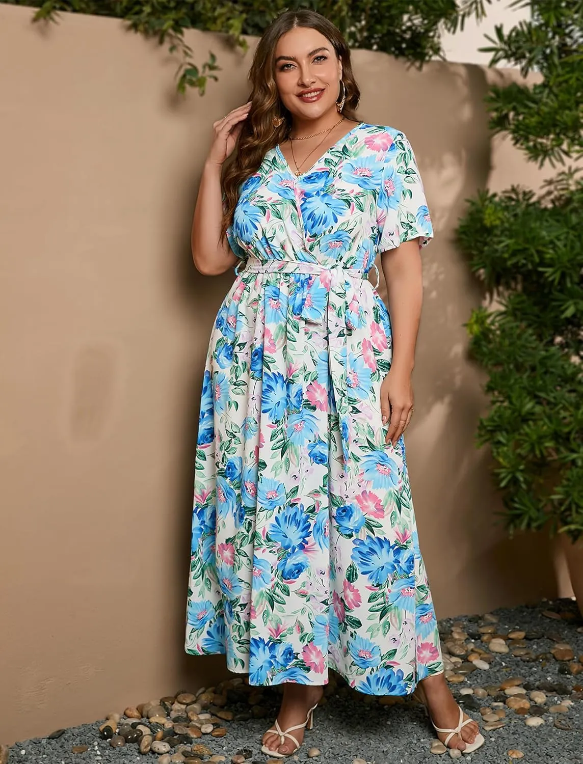 ABAFIP Women Plus Size Floral Maxi Dresses Wrap V Neck Boho Summer Dress Wedding Guest Flowy Long Dress