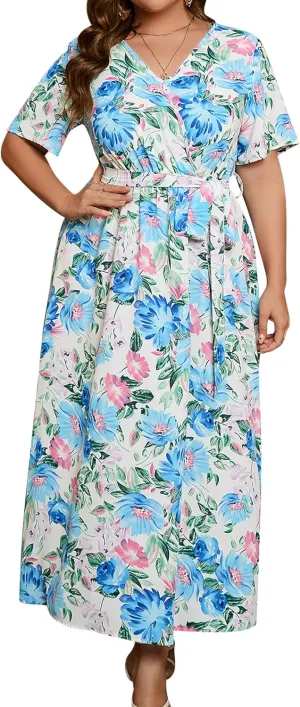 ABAFIP Women Plus Size Floral Maxi Dresses Wrap V Neck Boho Summer Dress Wedding Guest Flowy Long Dress