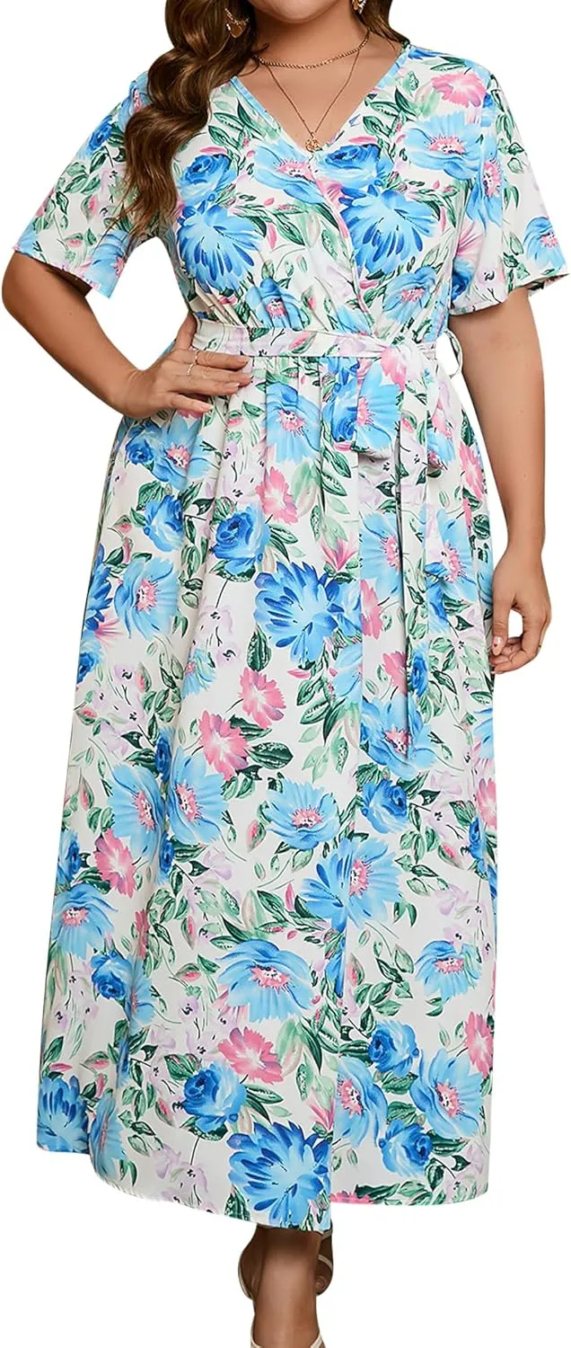ABAFIP Women Plus Size Floral Maxi Dresses Wrap V Neck Boho Summer Dress Wedding Guest Flowy Long Dress