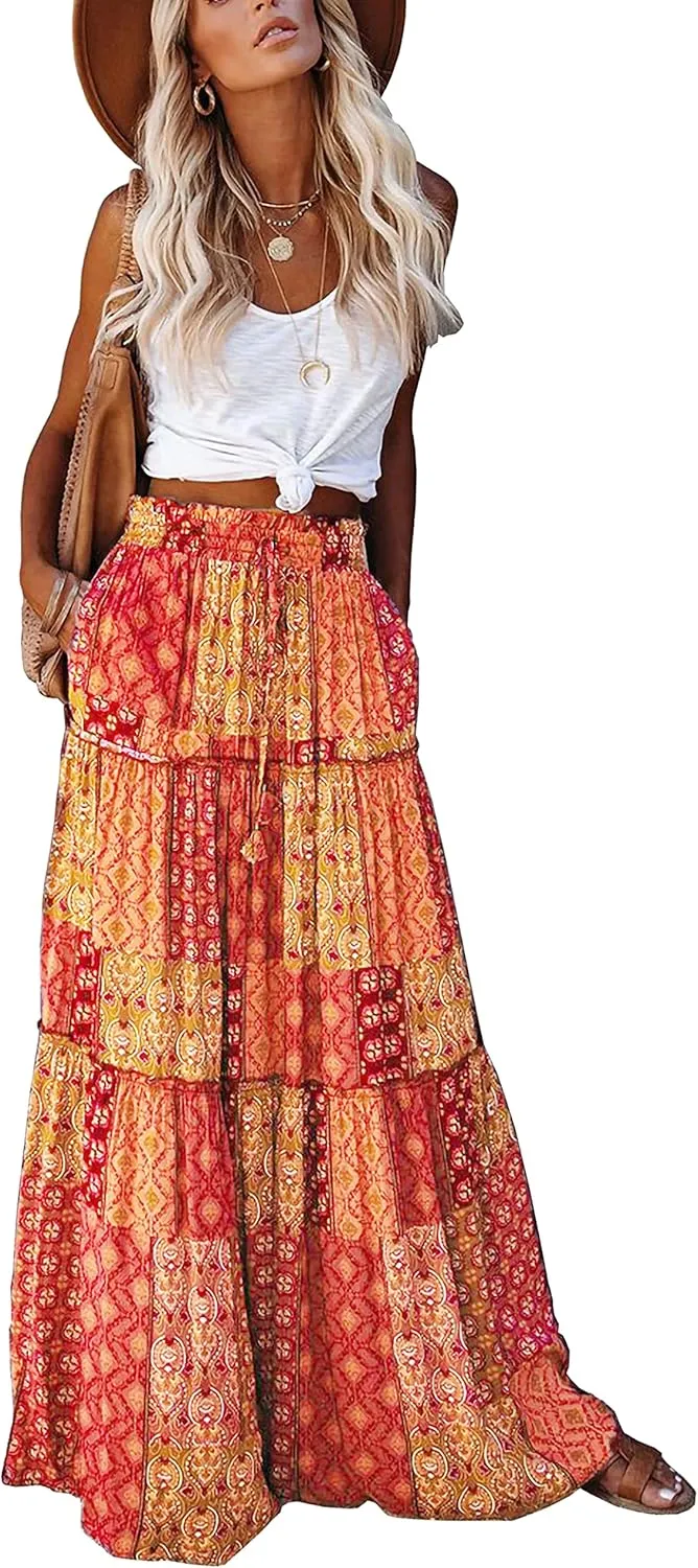 ALUWU Women's Long Maxi Bohemian High Waist A Line Skirt with Pockets