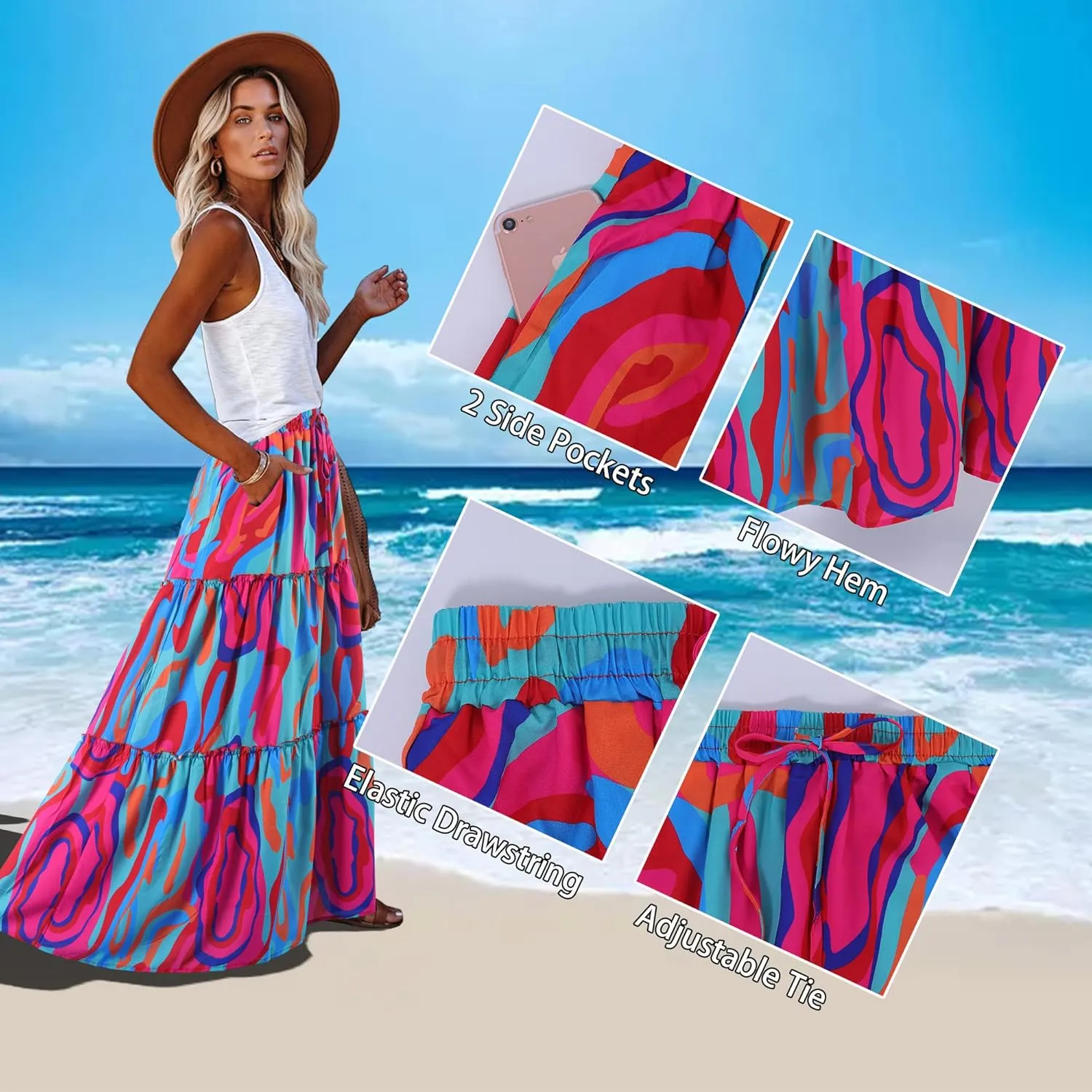 ALUWU Women's Long Maxi Bohemian High Waist A Line Skirt with Pockets