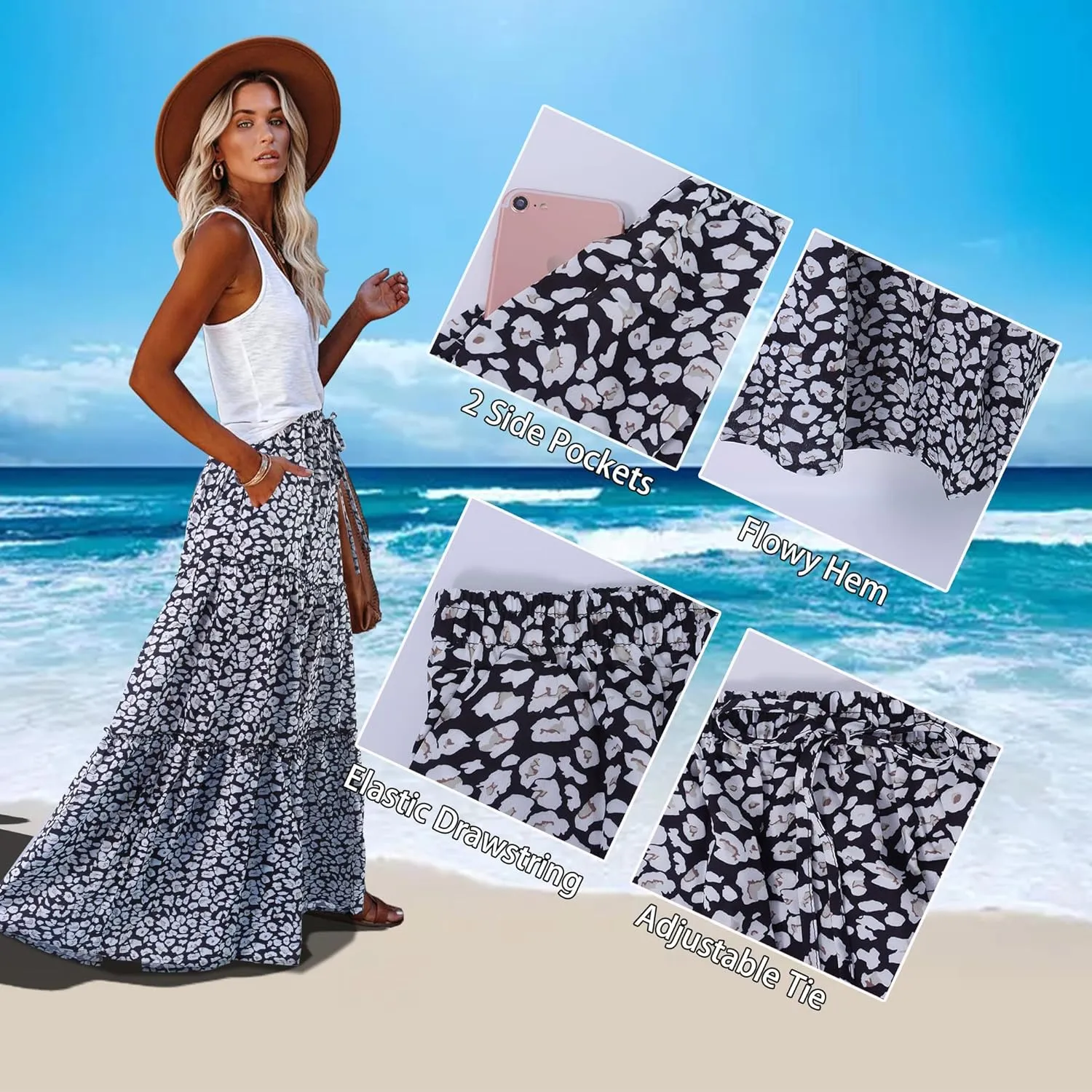 ALUWU Women's Long Maxi Bohemian High Waist A Line Skirt with Pockets