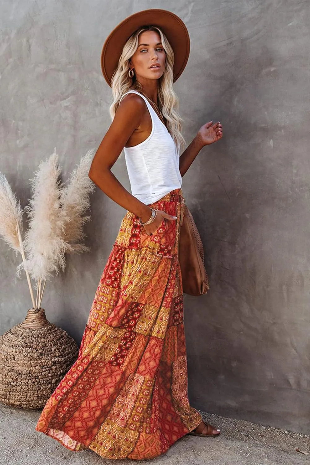 ALUWU Women's Long Maxi Bohemian High Waist A Line Skirt with Pockets