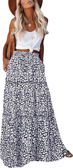 ALUWU Women's Long Maxi Bohemian High Waist A Line Skirt with Pockets
