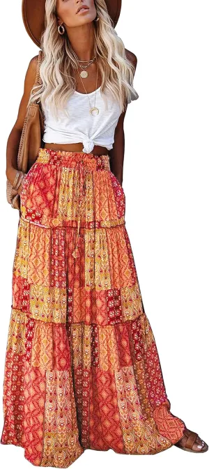 ALUWU Women's Long Maxi Bohemian High Waist A Line Skirt with Pockets