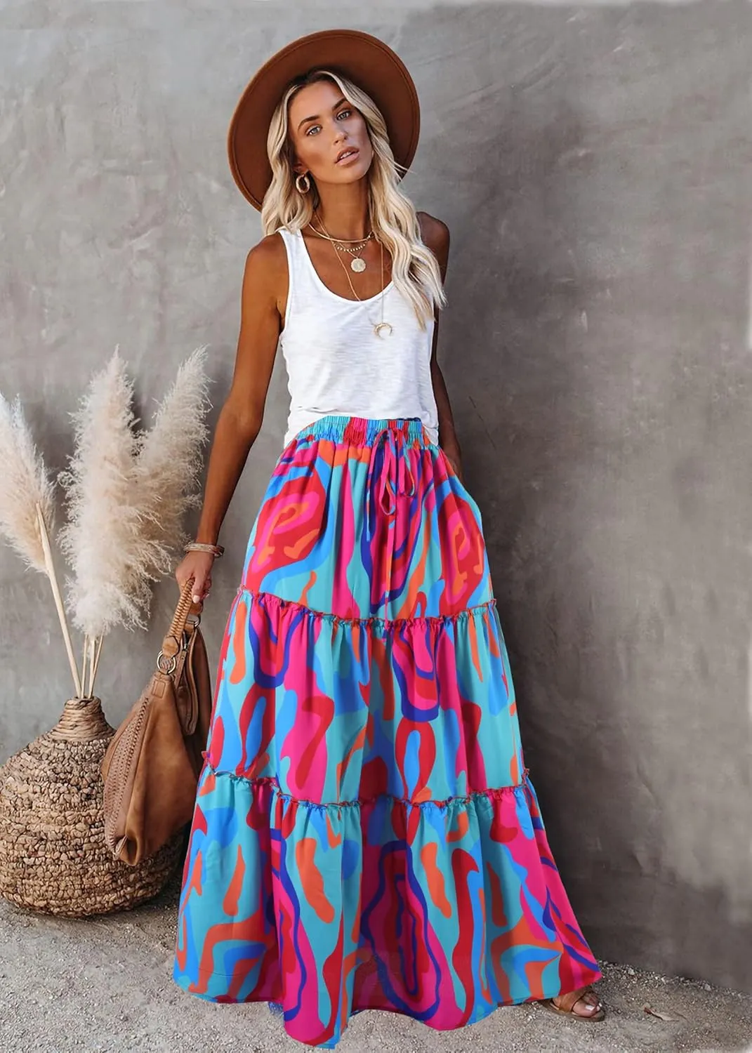 ALUWU Women's Long Maxi Bohemian High Waist A Line Skirt with Pockets