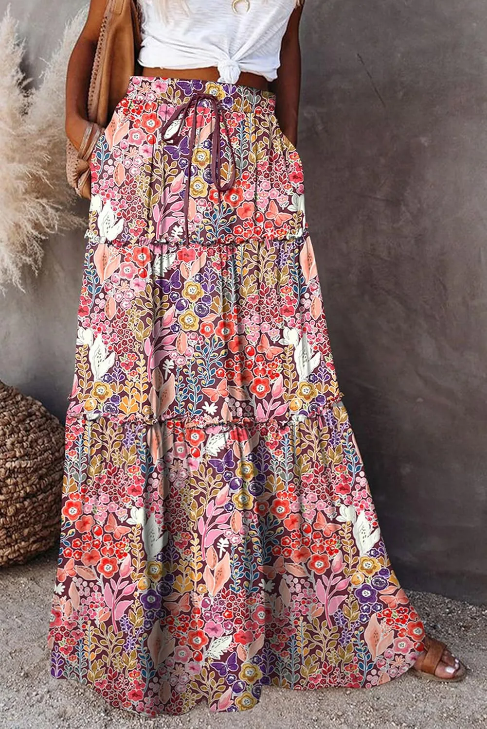 ALUWU Women's Long Maxi Bohemian High Waist A Line Skirt with Pockets