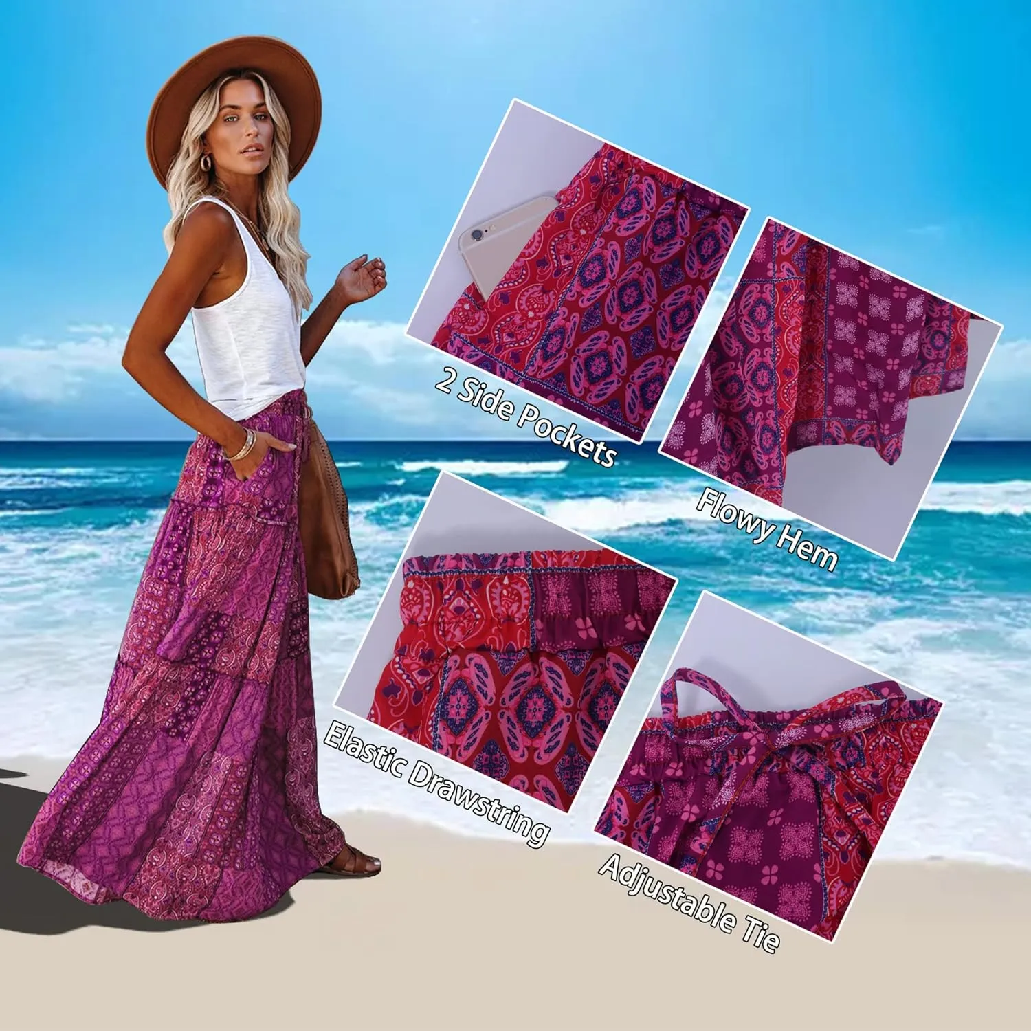 ALUWU Women's Long Maxi Bohemian High Waist A Line Skirt with Pockets