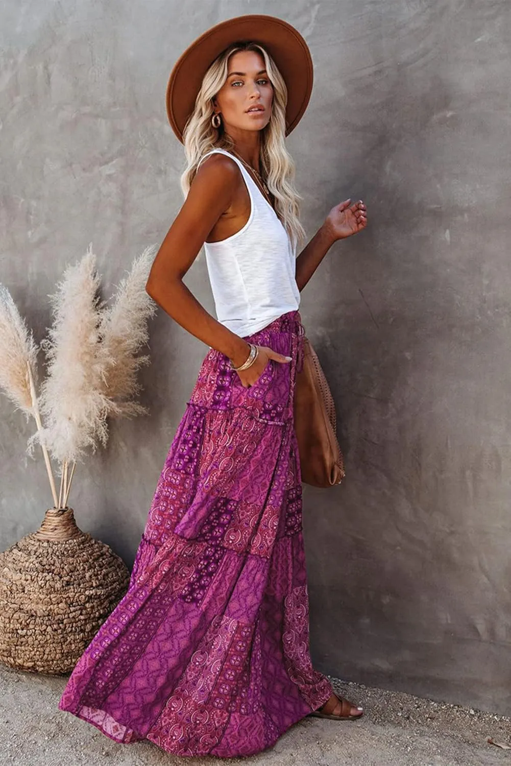 ALUWU Women's Long Maxi Bohemian High Waist A Line Skirt with Pockets