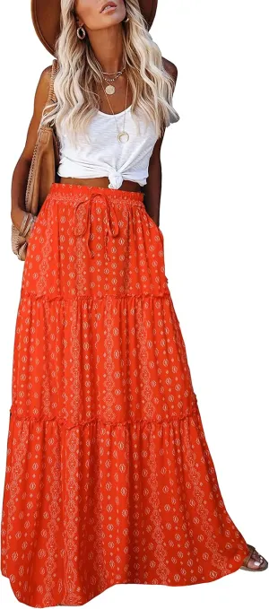 ALUWU Women's Long Maxi Bohemian High Waist A Line Skirt with Pockets