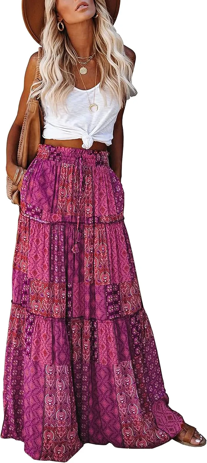 ALUWU Women's Long Maxi Bohemian High Waist A Line Skirt with Pockets