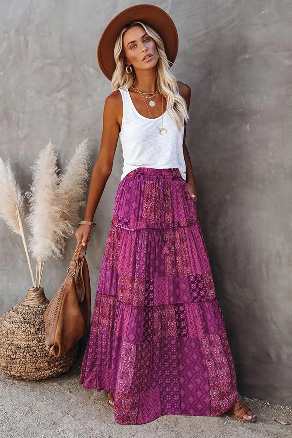 ALUWU Women's Long Maxi Bohemian High Waist A Line Skirt with Pockets