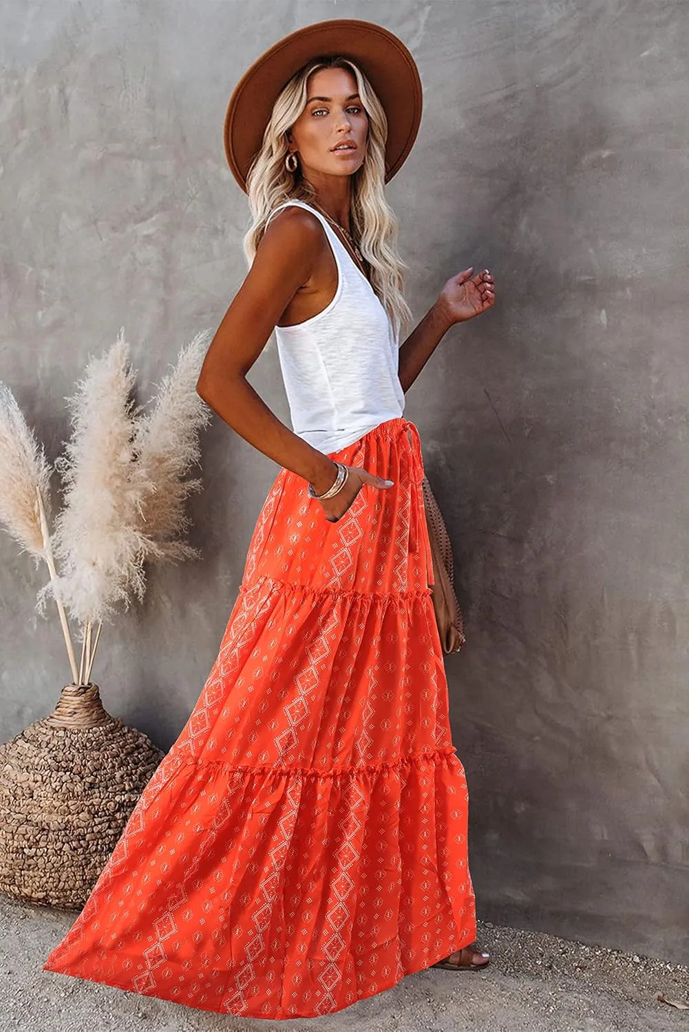 ALUWU Women's Long Maxi Bohemian High Waist A Line Skirt with Pockets