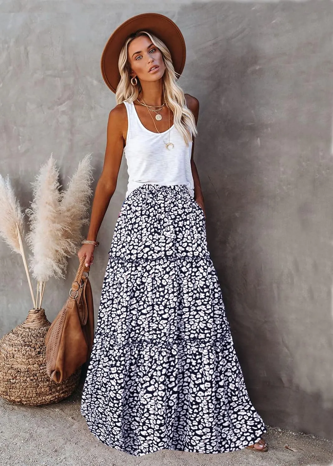 ALUWU Women's Long Maxi Bohemian High Waist A Line Skirt with Pockets