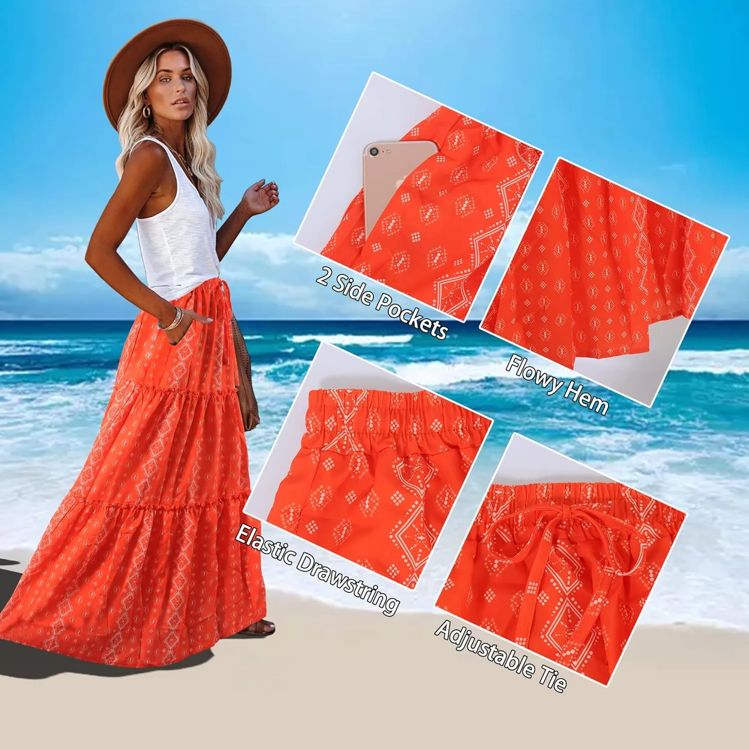 ALUWU Women's Long Maxi Bohemian High Waist A Line Skirt with Pockets
