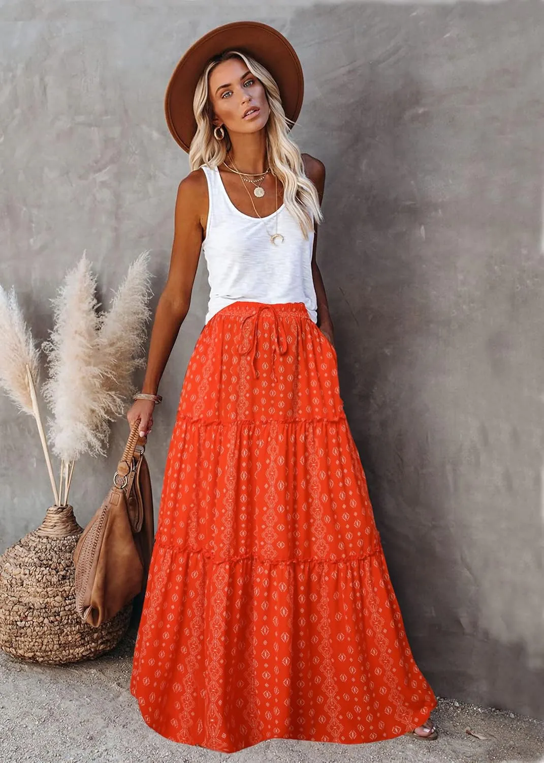 ALUWU Women's Long Maxi Bohemian High Waist A Line Skirt with Pockets