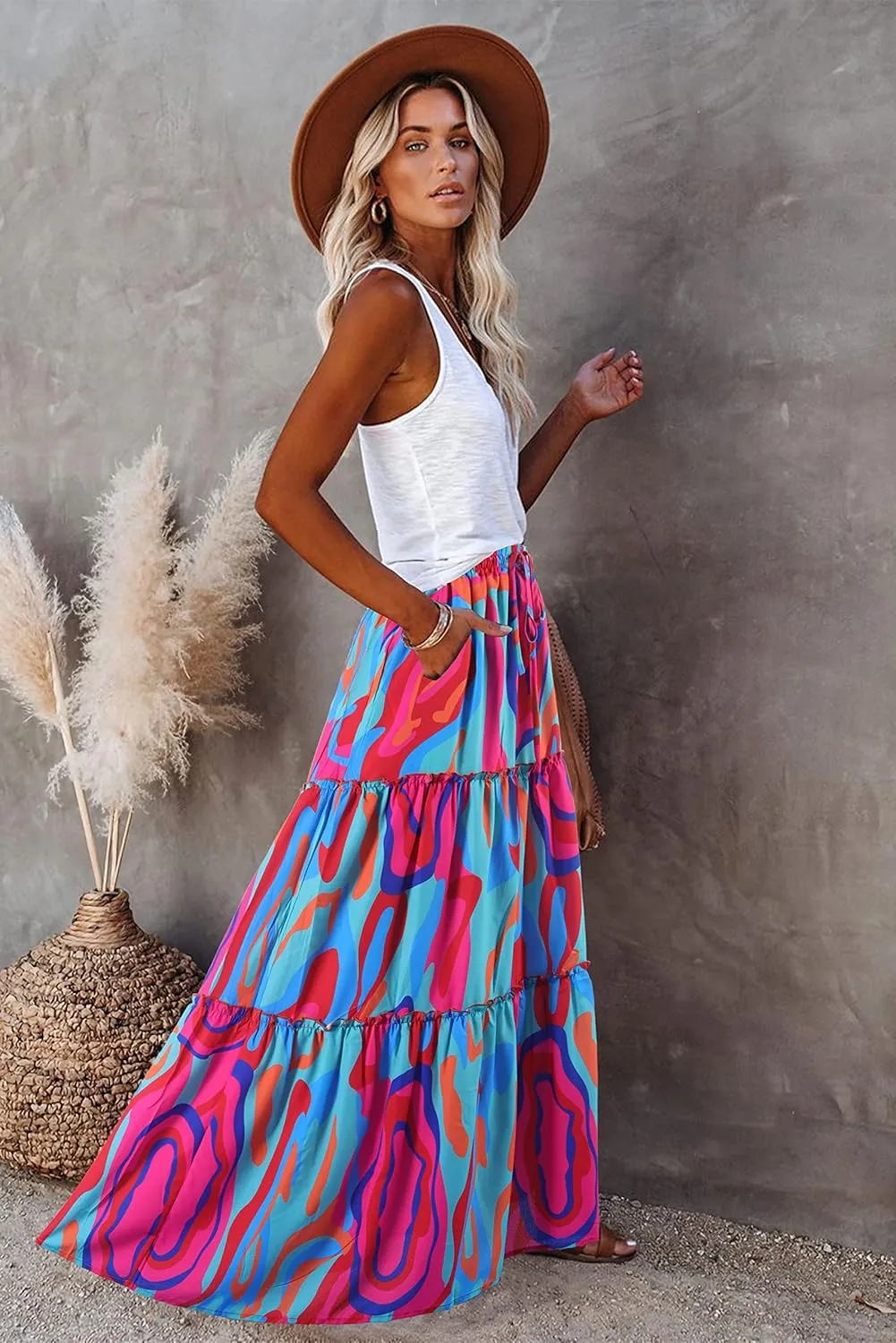 ALUWU Women's Long Maxi Bohemian High Waist A Line Skirt with Pockets
