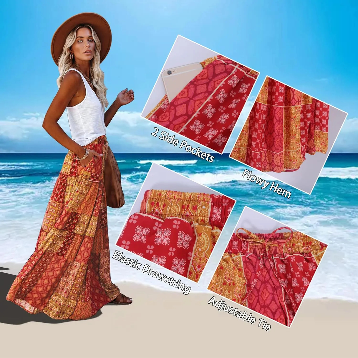 ALUWU Women's Long Maxi Bohemian High Waist A Line Skirt with Pockets