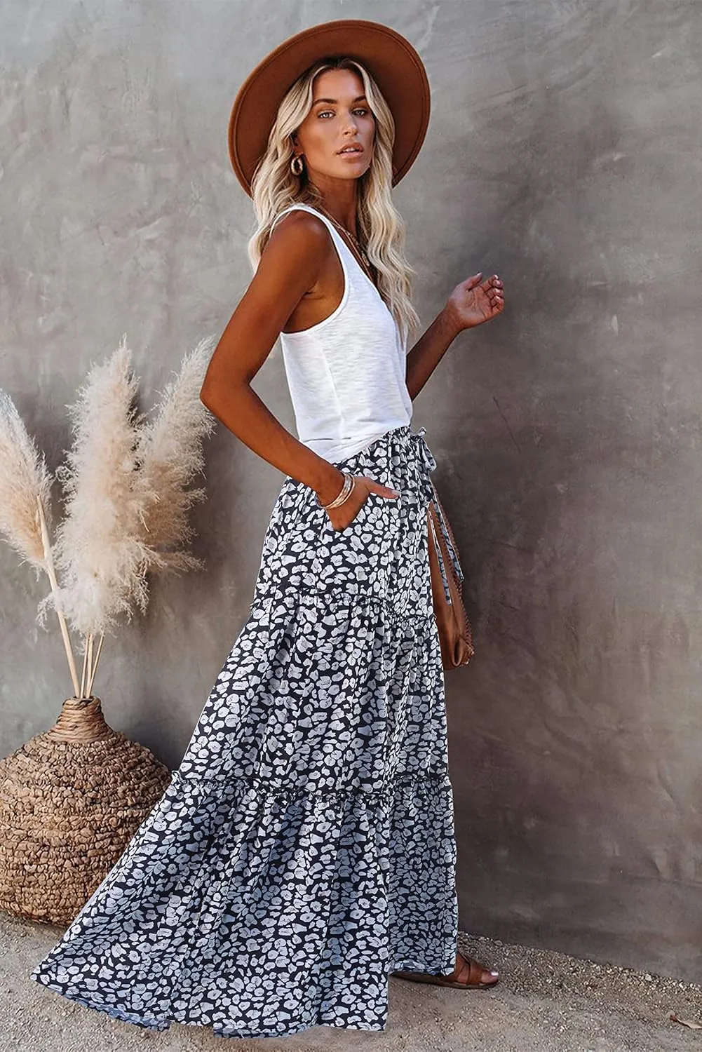 ALUWU Women's Long Maxi Bohemian High Waist A Line Skirt with Pockets