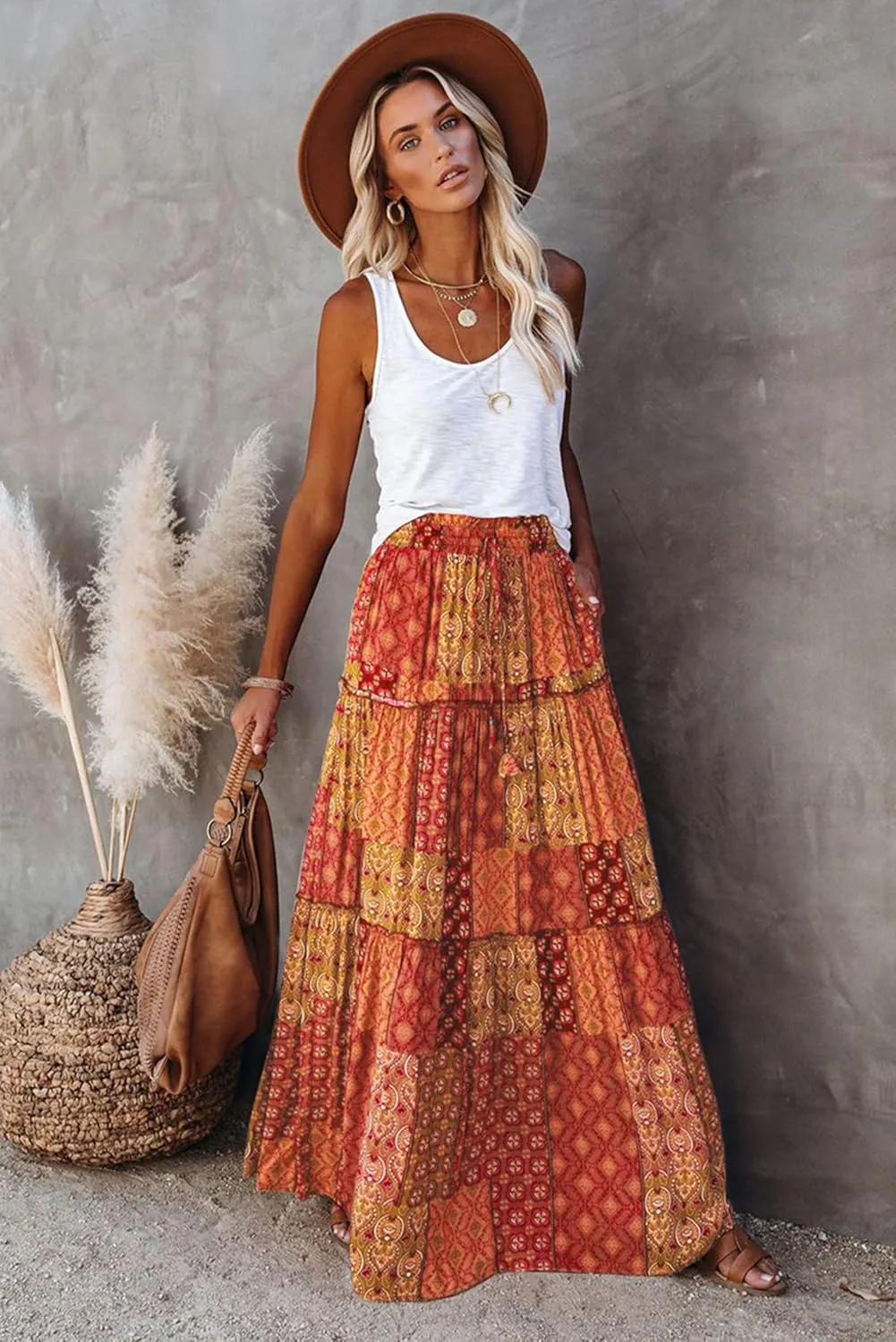 ALUWU Women's Long Maxi Bohemian High Waist A Line Skirt with Pockets