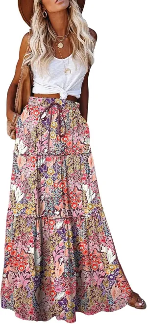 ALUWU Women's Long Maxi Bohemian High Waist A Line Skirt with Pockets
