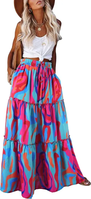 ALUWU Women's Long Maxi Bohemian High Waist A Line Skirt with Pockets