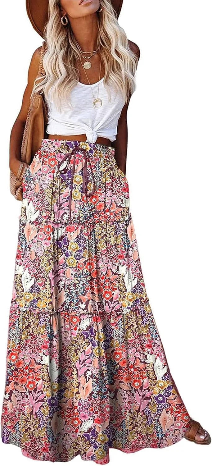 ALUWU Women's Long Maxi Bohemian High Waist A Line Skirt with Pockets