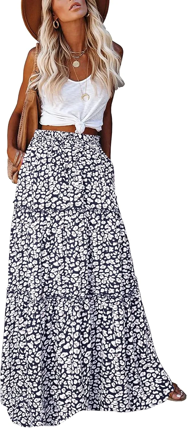 ALUWU Women's Long Maxi Bohemian High Waist A Line Skirt with Pockets