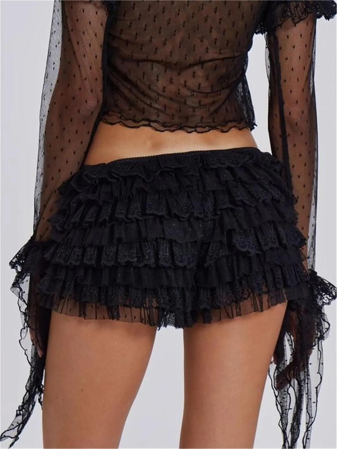 Alyweatry Women Ruffle Lace Mini Skirt Low Rise Pleated Vintage Grunge Tiered Y2k Lace Short Skirt Streetwear