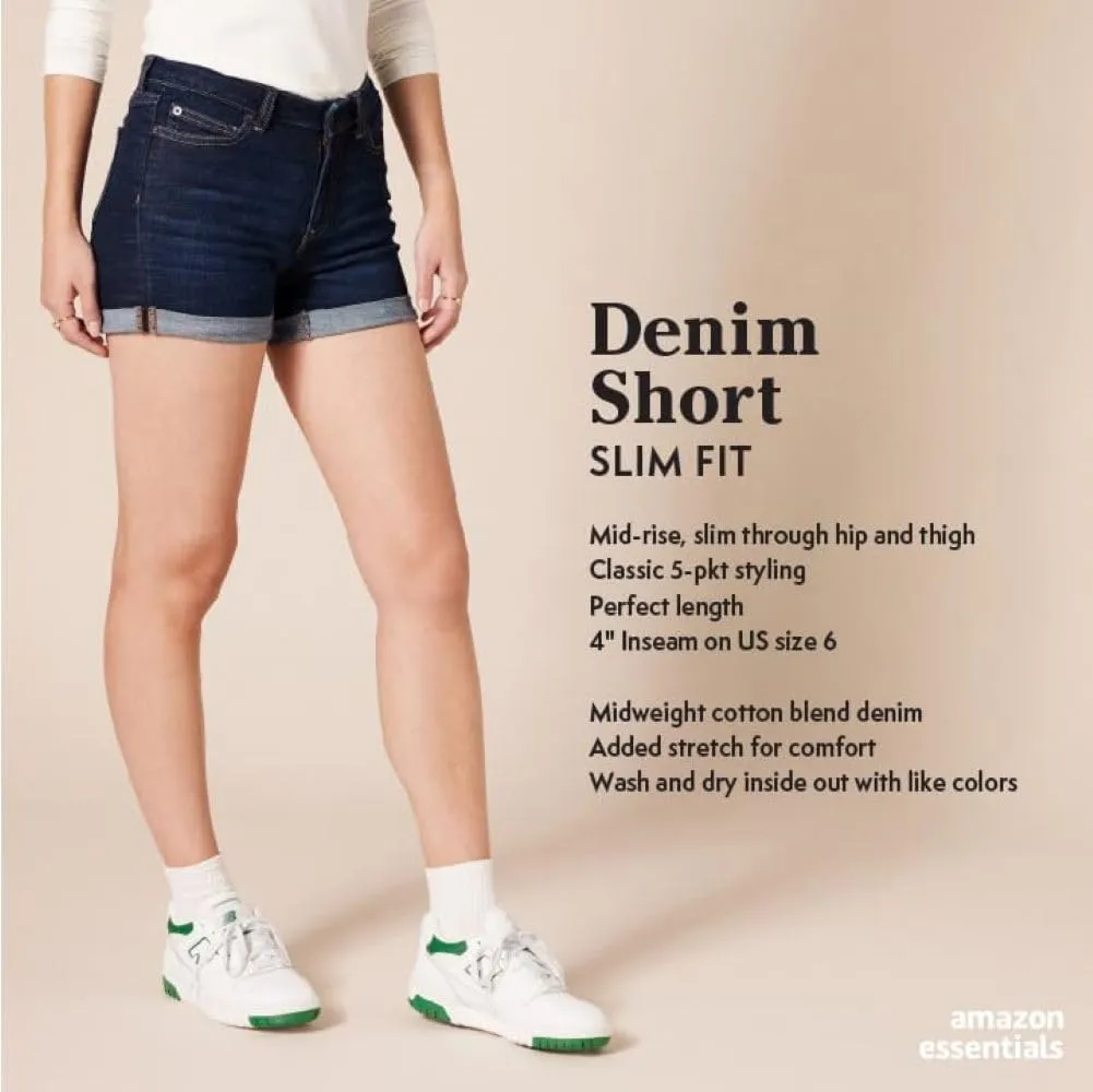 Amazon Essentials Women's Mid-Rise Slim Fit 4" Denim Shorts