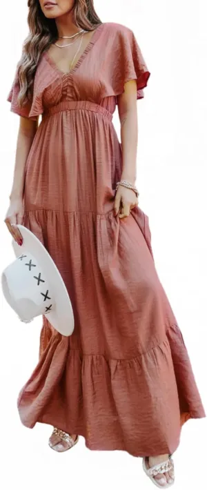 Amegoya Women's Casual Short Sleeve V Neck Floral Maxi Dresses Boho Beach Photoshoot Flowy Ruffle Long Dress