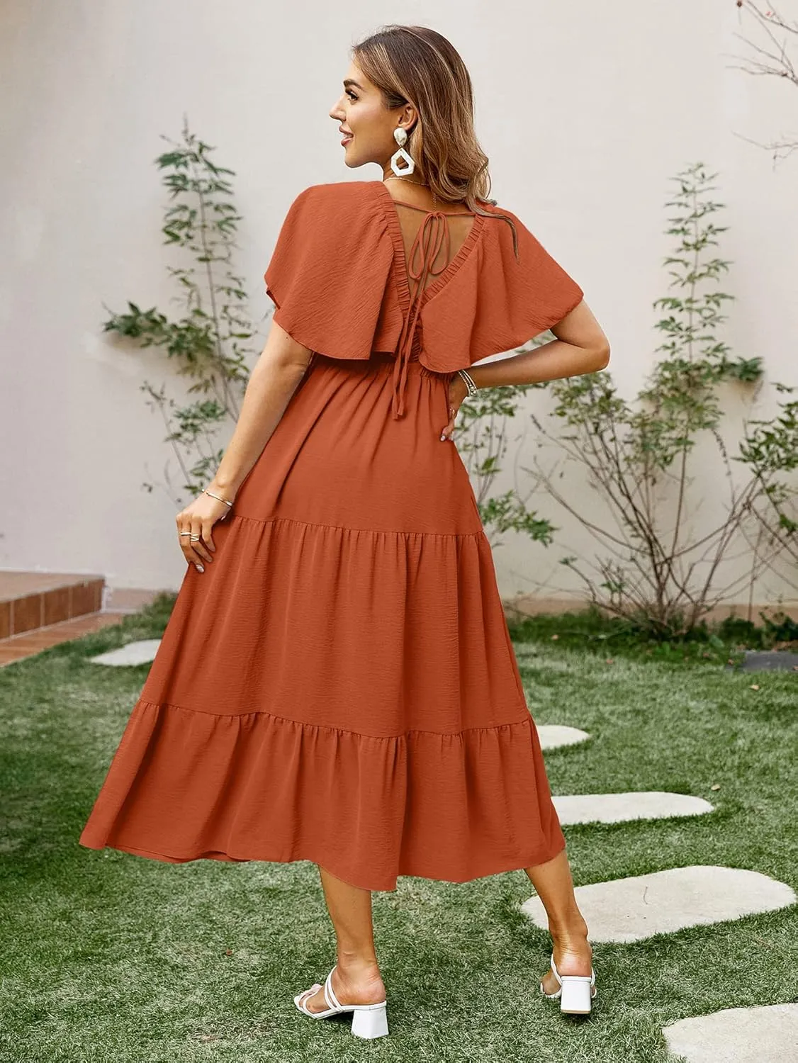 Amegoya Women's Casual Short Sleeve V Neck Floral Maxi Dresses Boho Beach Photoshoot Flowy Ruffle Long Dress