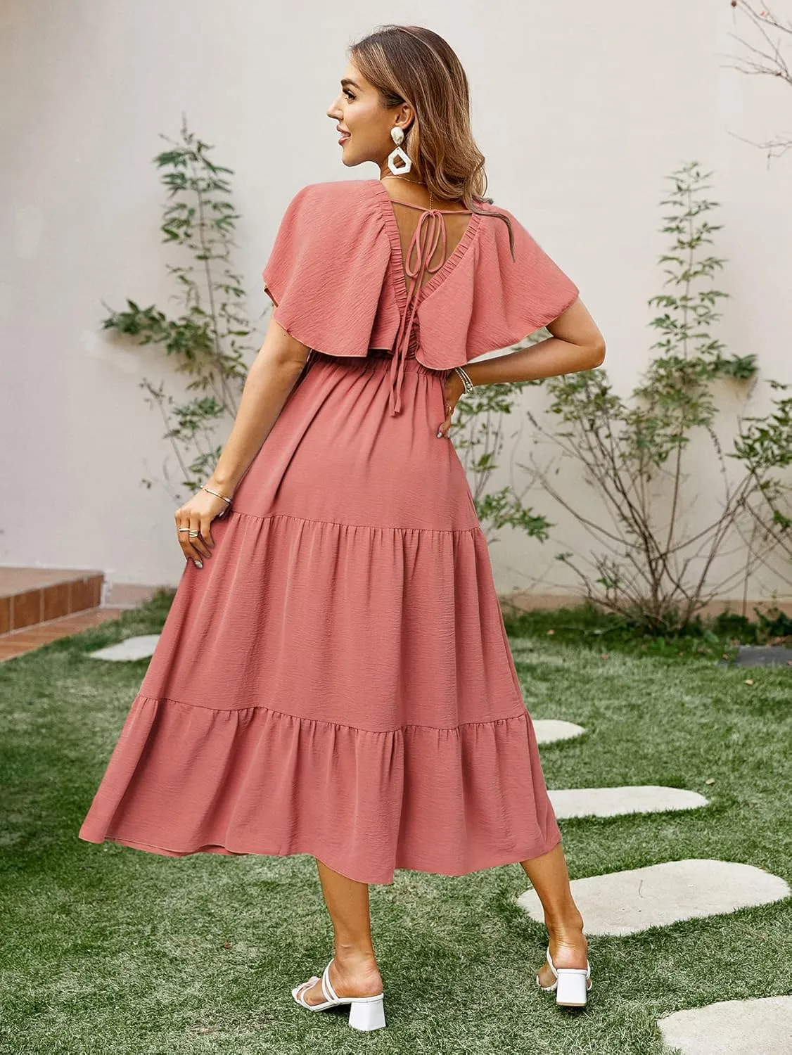 Amegoya Women's Casual Short Sleeve V Neck Floral Maxi Dresses Boho Beach Photoshoot Flowy Ruffle Long Dress