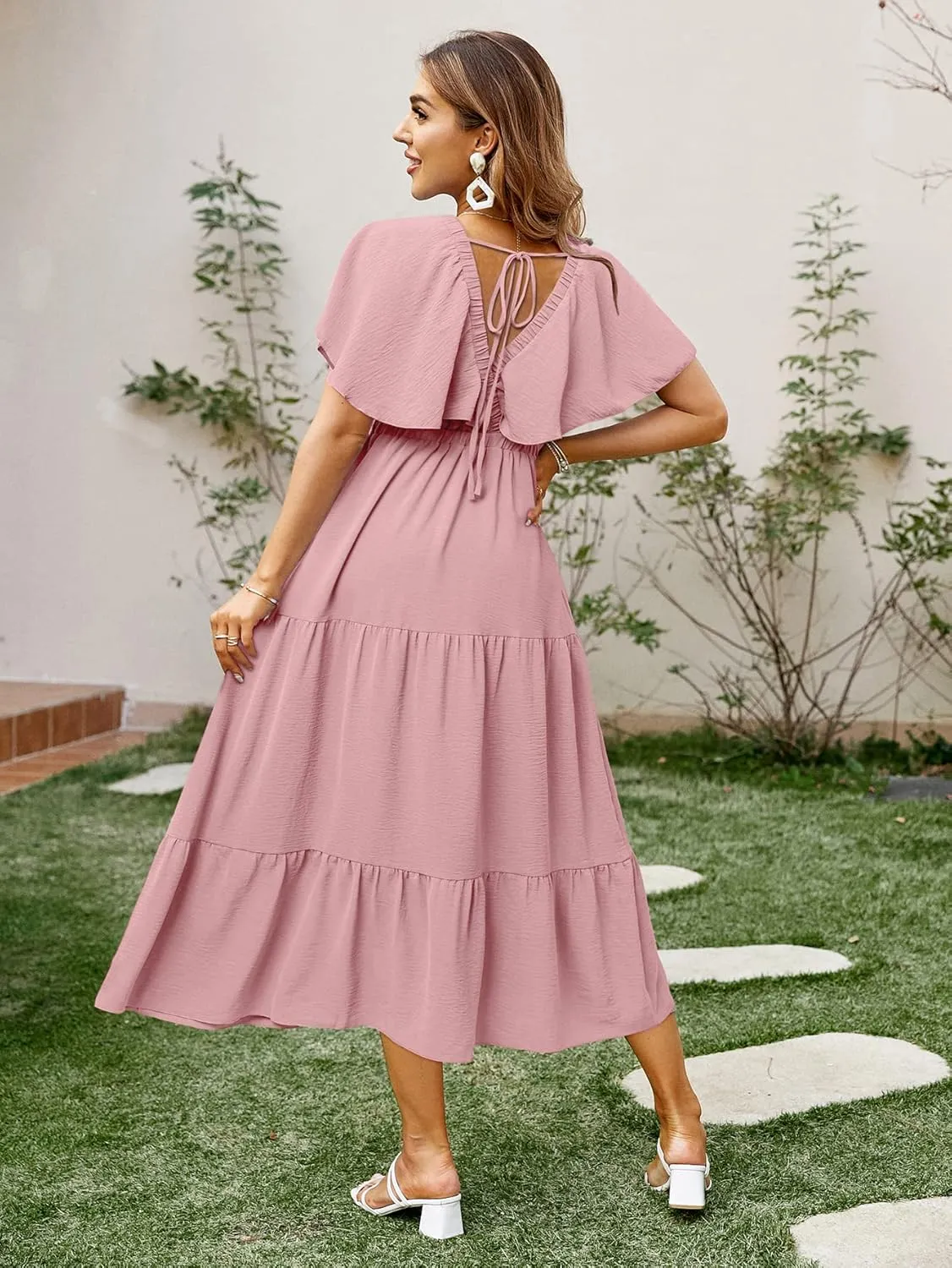 Amegoya Women's Casual Short Sleeve V Neck Floral Maxi Dresses Boho Beach Photoshoot Flowy Ruffle Long Dress