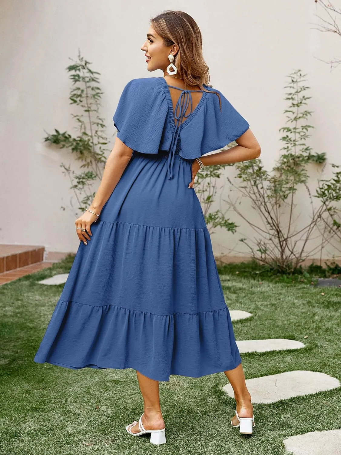 Amegoya Women's Casual Short Sleeve V Neck Floral Maxi Dresses Boho Beach Photoshoot Flowy Ruffle Long Dress