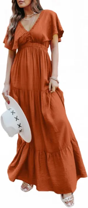 Amegoya Women's Casual Short Sleeve V Neck Floral Maxi Dresses Boho Beach Photoshoot Flowy Ruffle Long Dress
