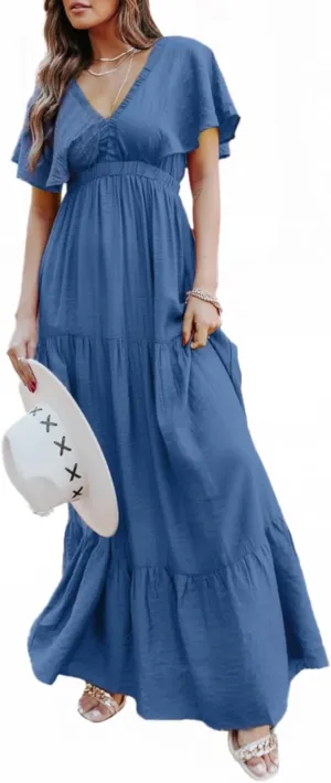 Amegoya Women's Casual Short Sleeve V Neck Floral Maxi Dresses Boho Beach Photoshoot Flowy Ruffle Long Dress