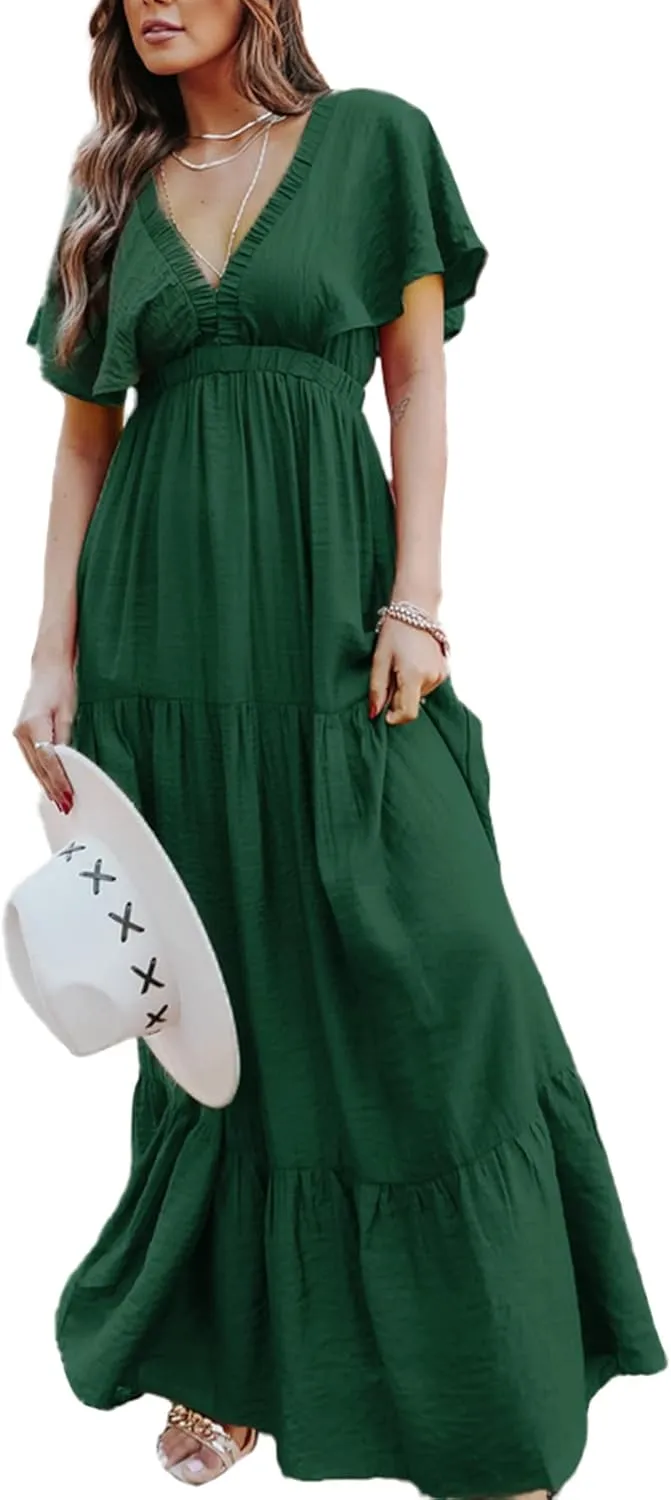 Amegoya Women's Casual Short Sleeve V Neck Floral Maxi Dresses Boho Beach Photoshoot Flowy Ruffle Long Dress