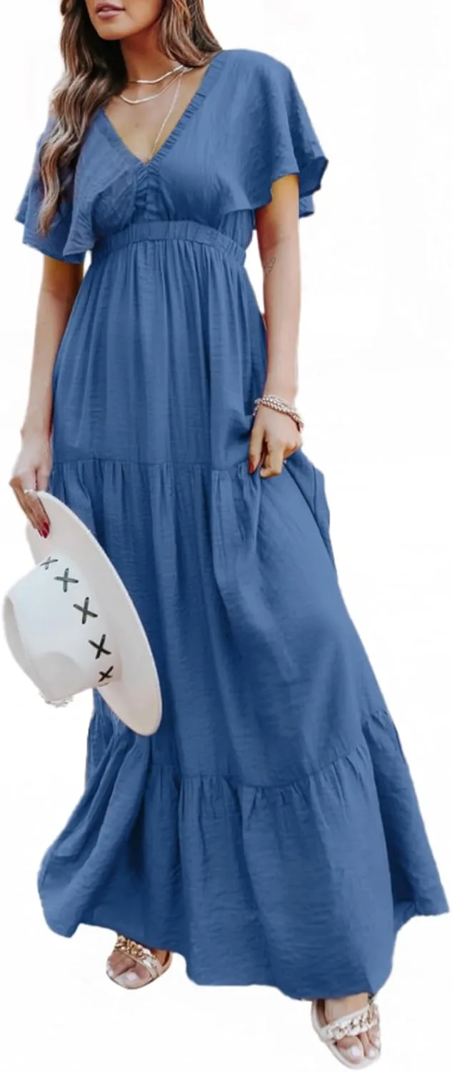 Amegoya Women's Casual Short Sleeve V Neck Floral Maxi Dresses Boho Beach Photoshoot Flowy Ruffle Long Dress