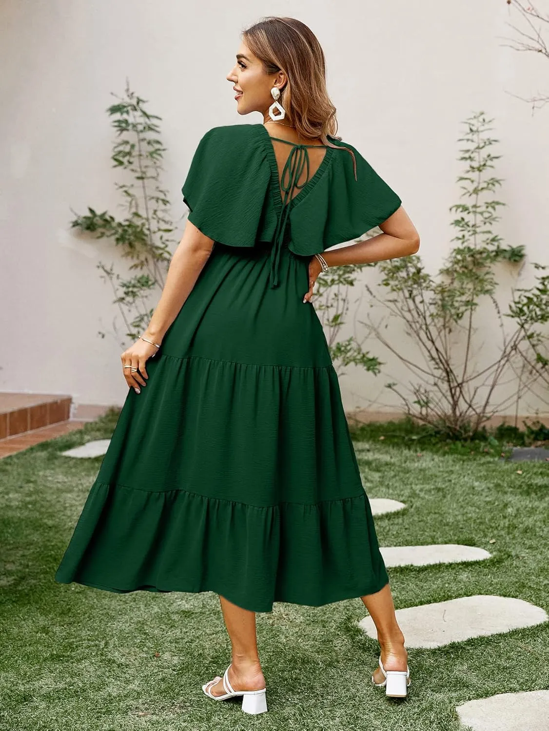 Amegoya Women's Casual Short Sleeve V Neck Floral Maxi Dresses Boho Beach Photoshoot Flowy Ruffle Long Dress