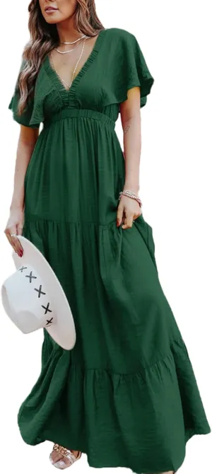 Amegoya Women's Casual Short Sleeve V Neck Floral Maxi Dresses Boho Beach Photoshoot Flowy Ruffle Long Dress